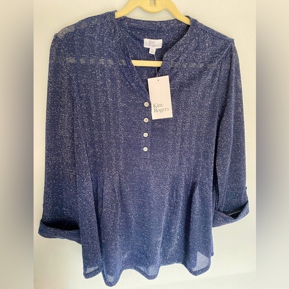 New! Kim Roger’s PXL Metallic Blue Henley Button Down Sheer - Picture 1 of 6